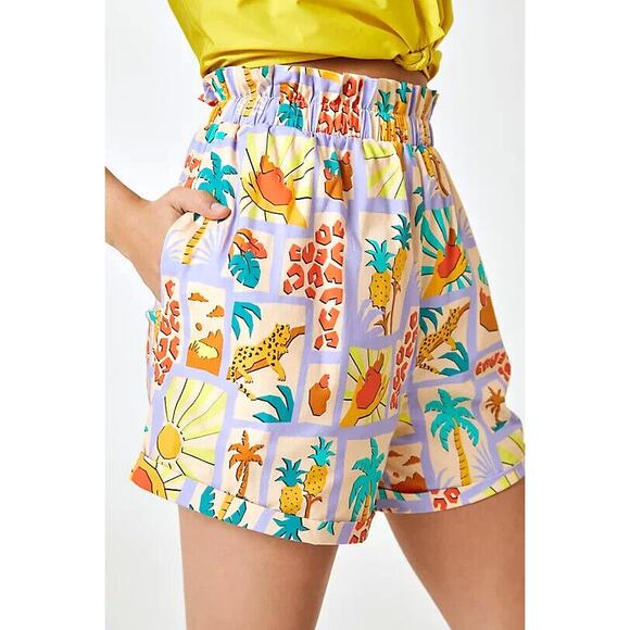 FARM Rio Pants - FARM RIO ANTHROPOLOGIE Patch Print Short Womens Medium Purple Peach Pull On